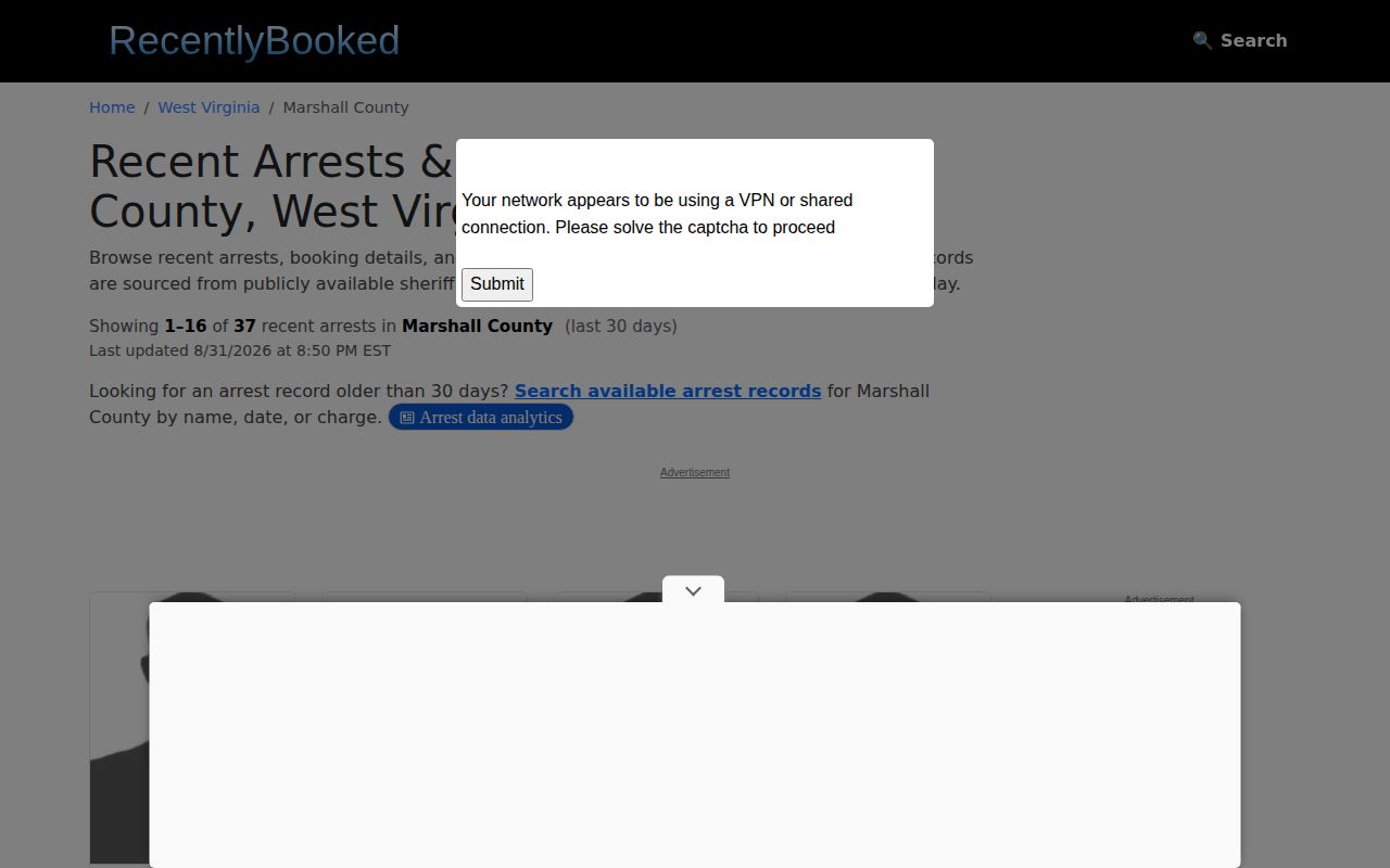 Marshall County third-party recent booking index interface