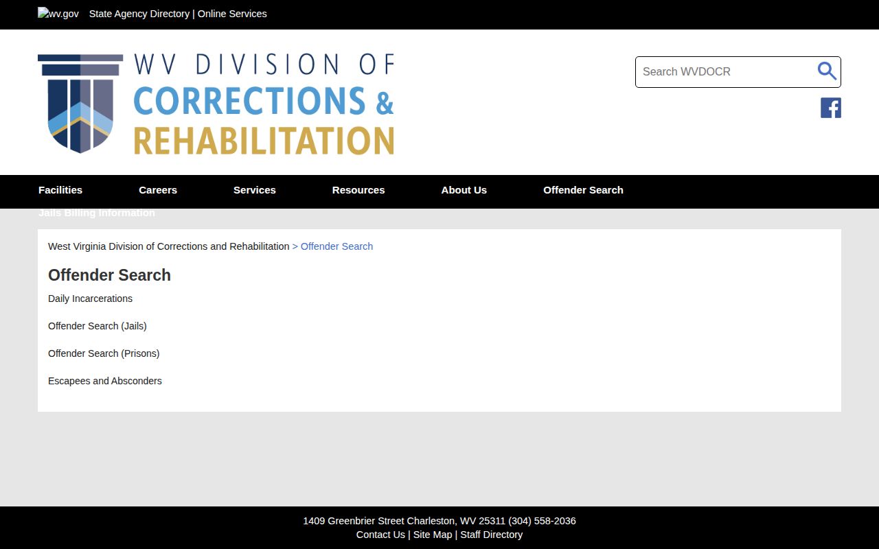 Marshall County custody record routes on the West Virginia DCR offender search landing page